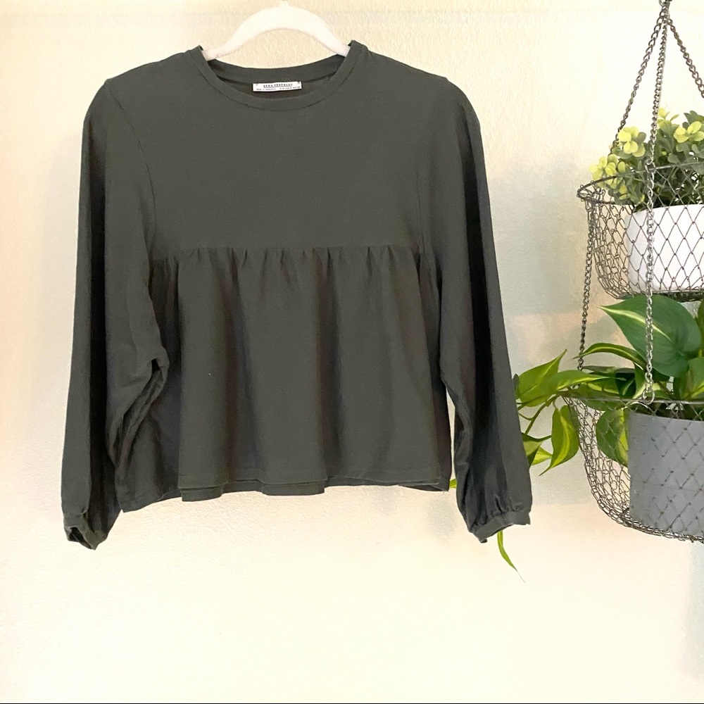 Zara Olive Peplum Long Sleeve Top
